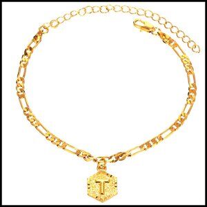 Gold Plated Figaro Chain Anklet Bracelet Custom Initials Elegant Minimal Chic